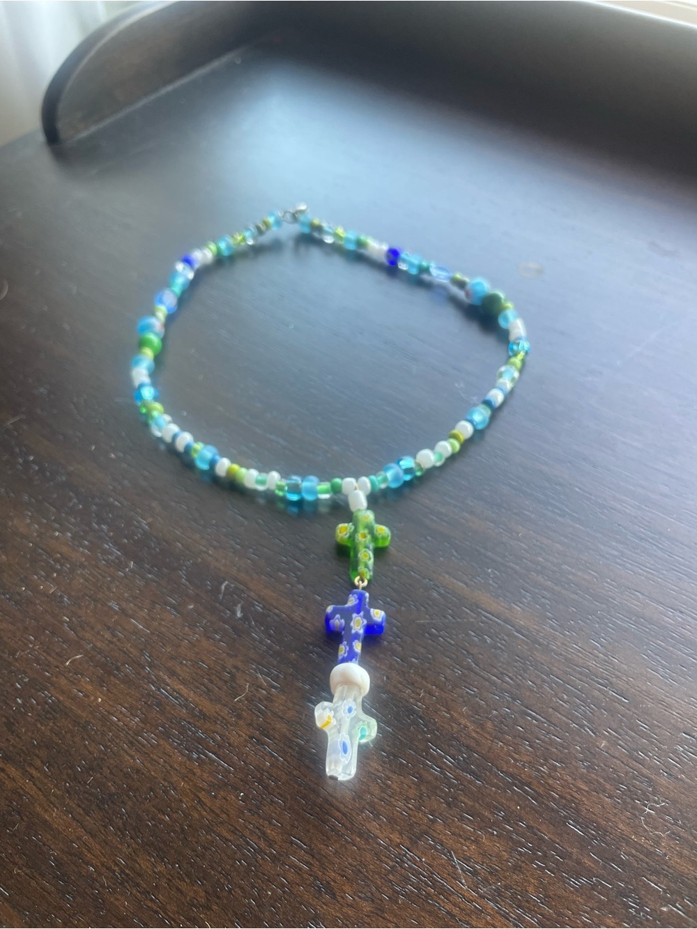 Handmade Blue & Green Beaded Cross Necklace